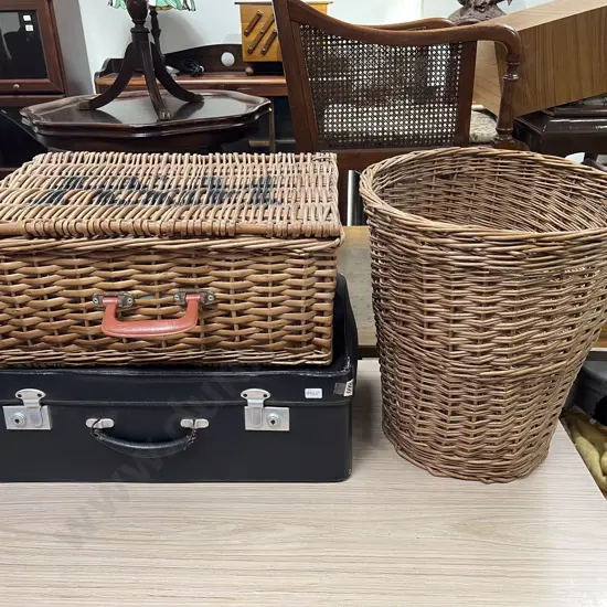 Vintage Suitcase & Wicker Picnic Basket
