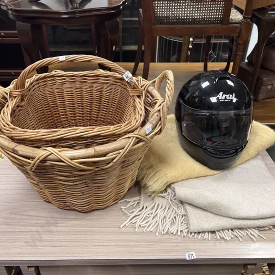 Two Wicker Baskets with Blankets etc