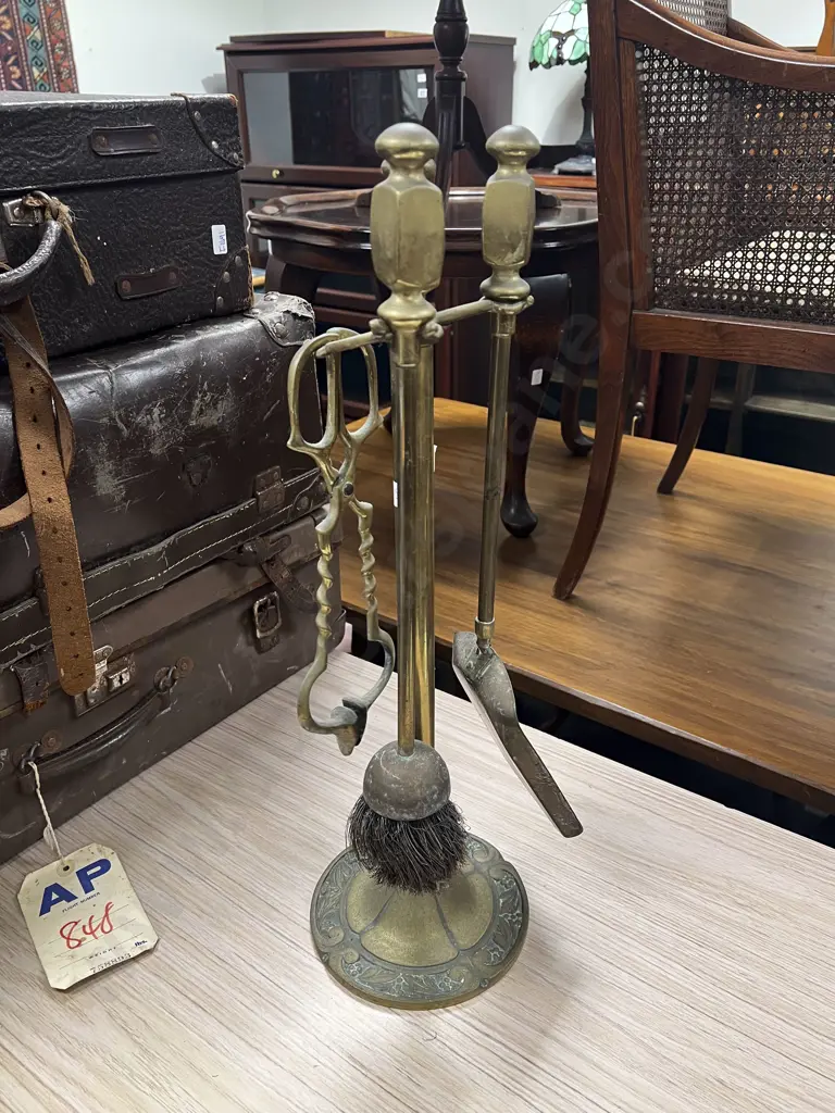 Brass Four Pce Fire Tidy Set & Stand Image 1++