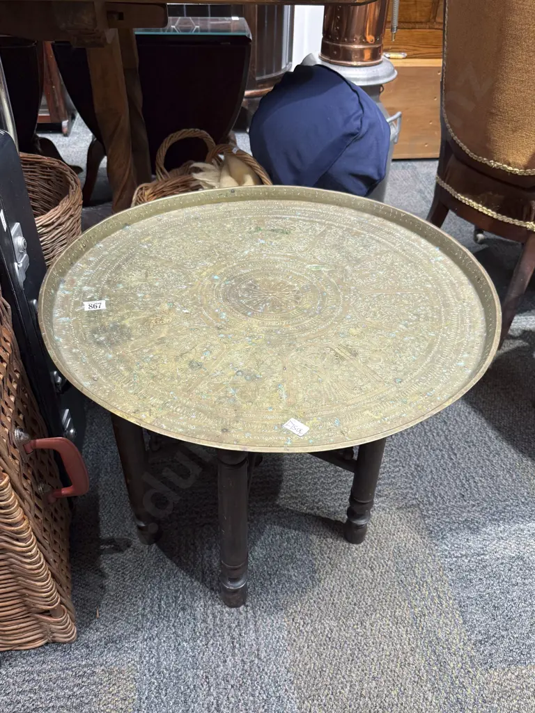 Indian Brass Occasional Table with Folding Base Image 1++
