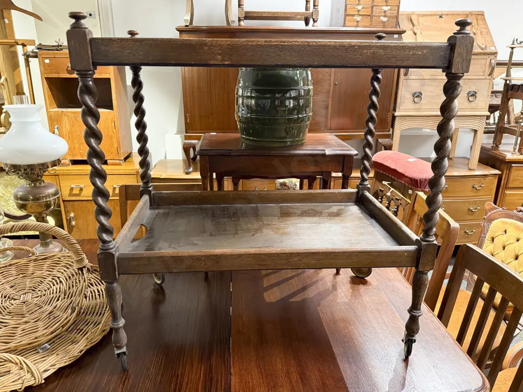 Oak Two Tier Tea Trolley with Barley Twist Supports Image 1++