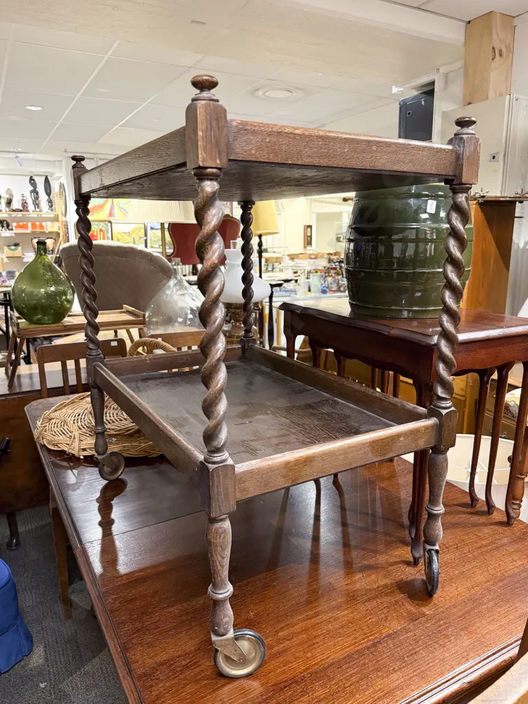 Oak Two Tier Tea Trolley with Barley Twist Supports Image 1++