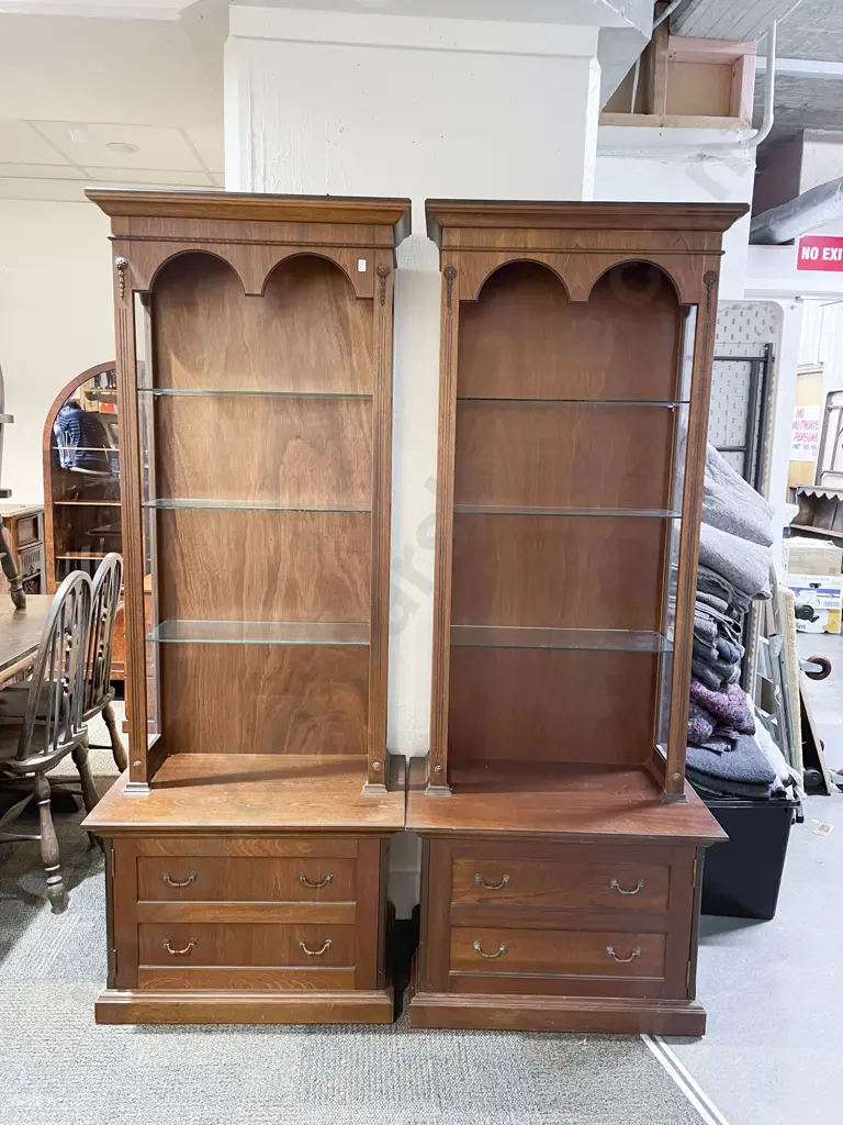 Pair of Oak Open Shelving Unit with Faux Draw Cabinets to Base Image 1++