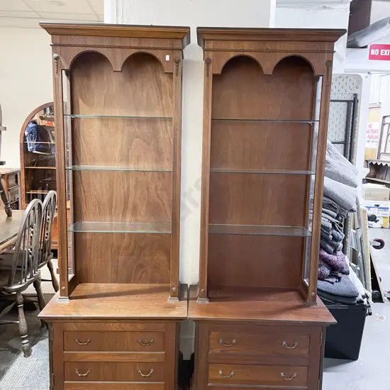 Pair of Oak Open Shelving Unit with Faux Draw Cabinets to Base
