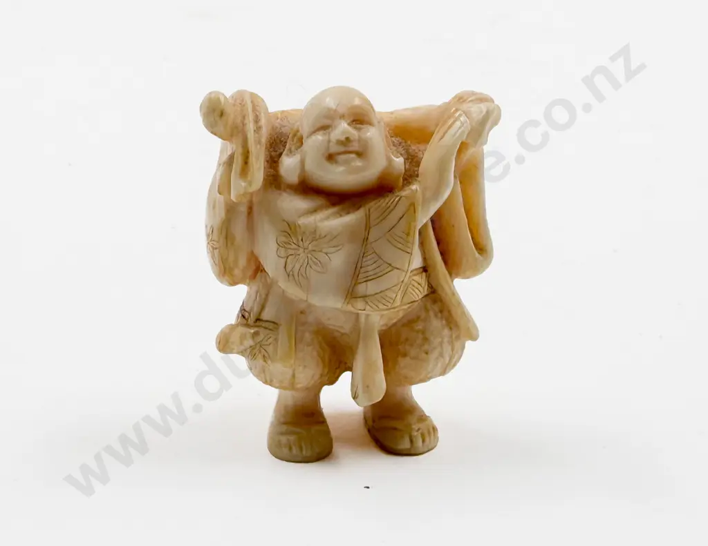 Signed Carved Ivory Netsuke of Hotei Image 1++