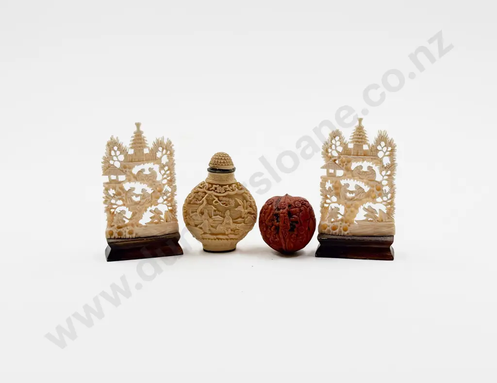 Two Carved Ivory Village Scene Panels - Carved Walnut Shell and Resin Snuff Bottle Image 1++