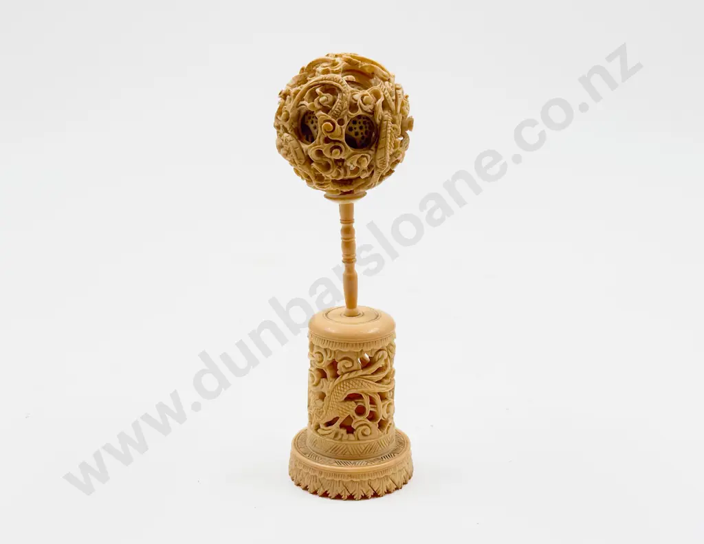 Carved Ivory Puzzle Ball on Stand Image 1++