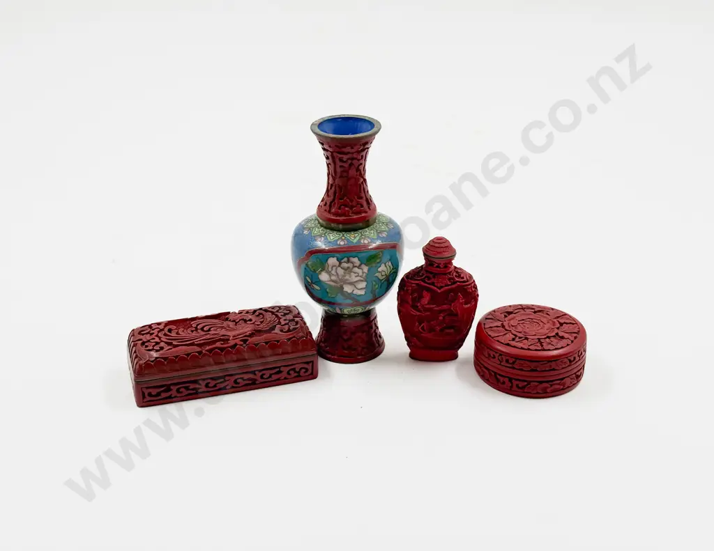 Small Cinnabar Lacquer and Cloisonné Vase and Others Image 1++