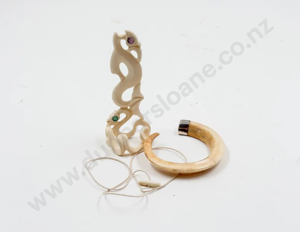Carved Bone Tiki Ornament (af) with boar tusk Image 1++