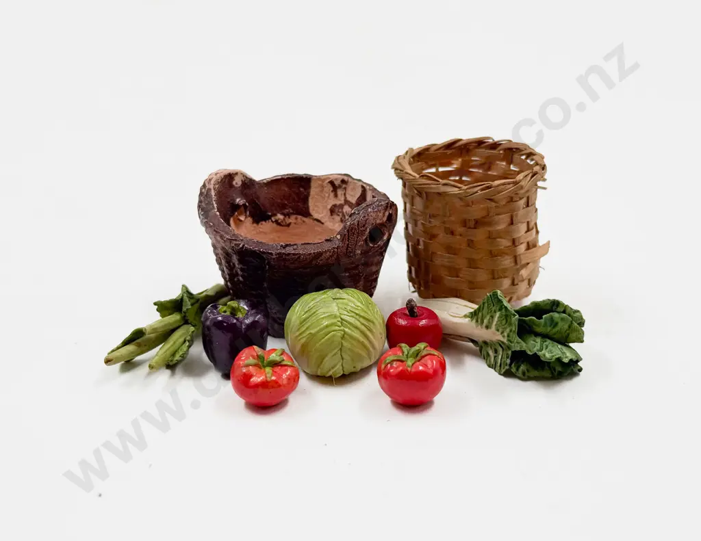 Vintage Miniature China Vegetables (7) Clay Basket and Straw Image 1++