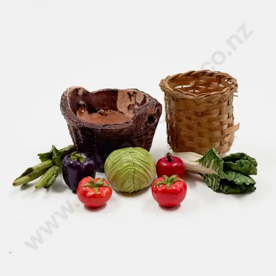 Vintage Miniature China Vegetables (7) Clay Basket and Straw