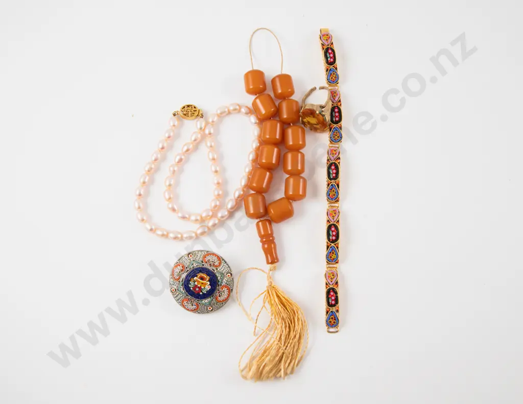 Micro Mosaic Brooch and Bracelet with Fresh Water Pearl Necklace Image 1++