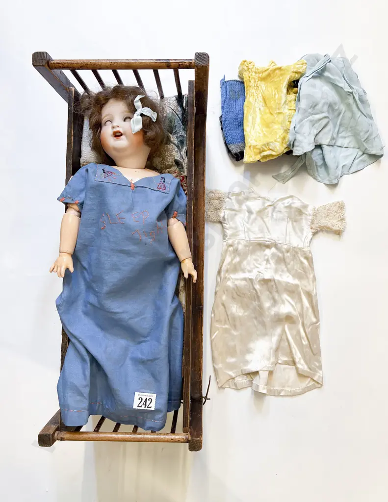 Vintage Dolls Bed with Costume and Bisque Doll Image 1++