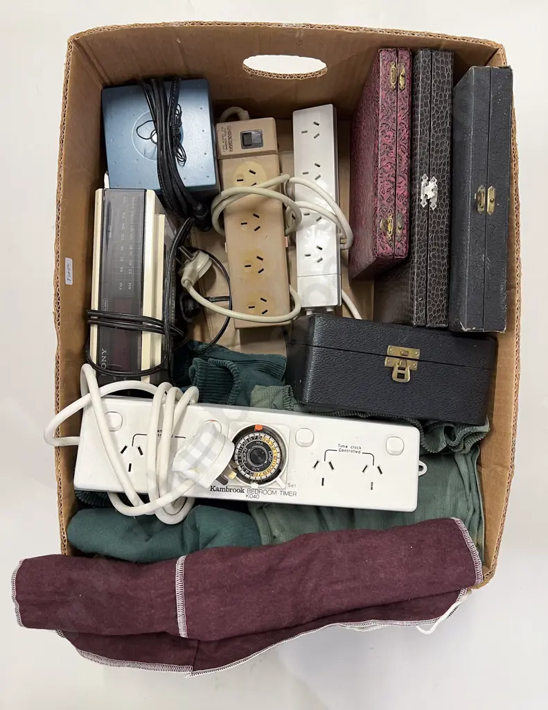 Box of Assorted Electronics & Cutlery Boxes etc Image 1++