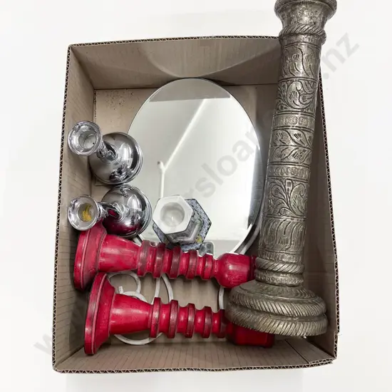 Quantity of Assorted Candlesticks together Small Decorative Mirror
