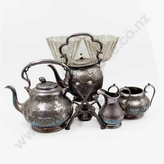 Three Piece S/P Teaset together with Spirit Kettle & Two French Country Collection Novelty Goblets