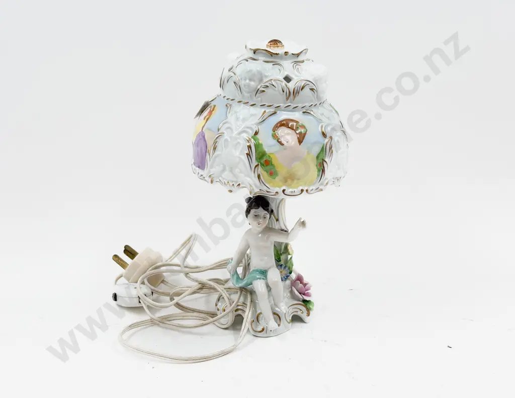 Dresden China Figural Table Lamp & Shade Image 1++