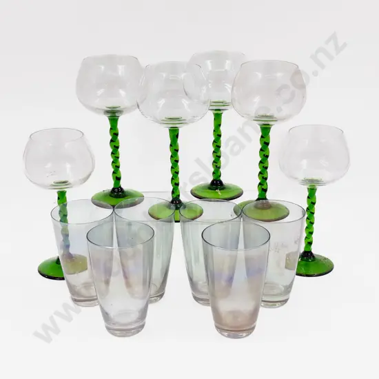 Six Green Stemmed Wine Goblets & Six Lustre Glasses
