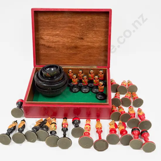 Russian Lacquered Chess Set & Stack of Boxes