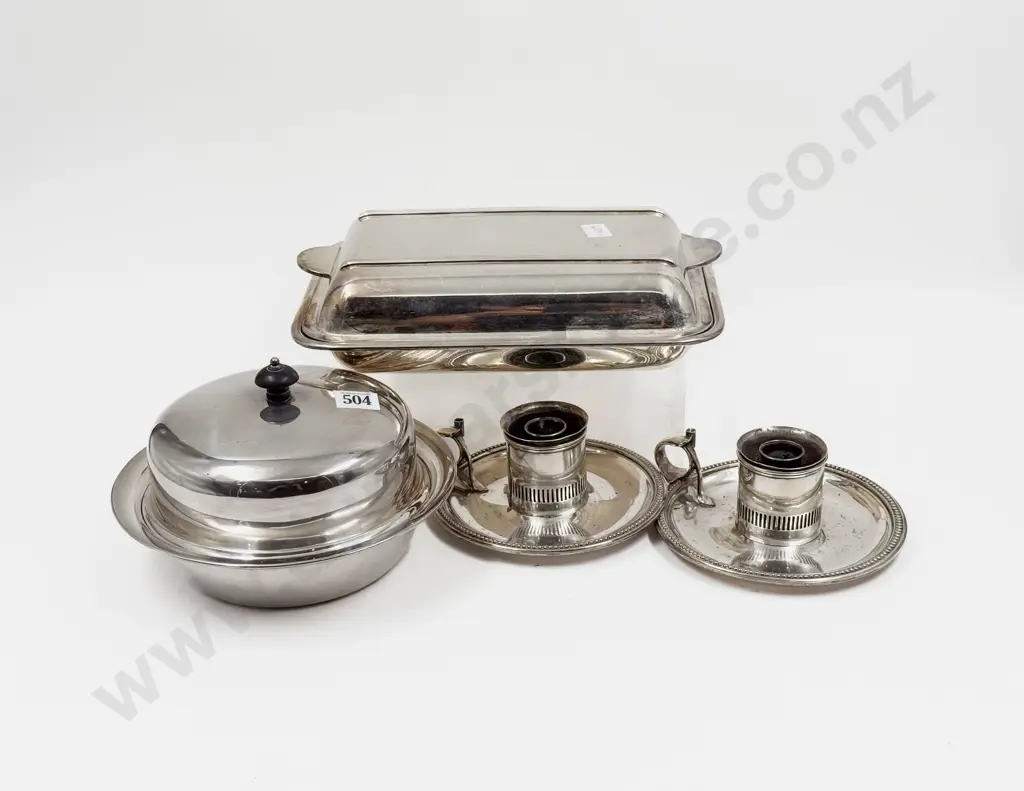 A Pair of Plated Chamber Sticks & Two S/P Entree Dishes Image 1++