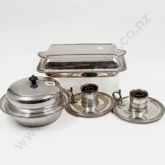 A Pair of Plated Chamber Sticks & Two S/P Entree Dishes