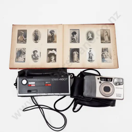 Vintage Cigarette Card Album together with Two Vintage Cameras