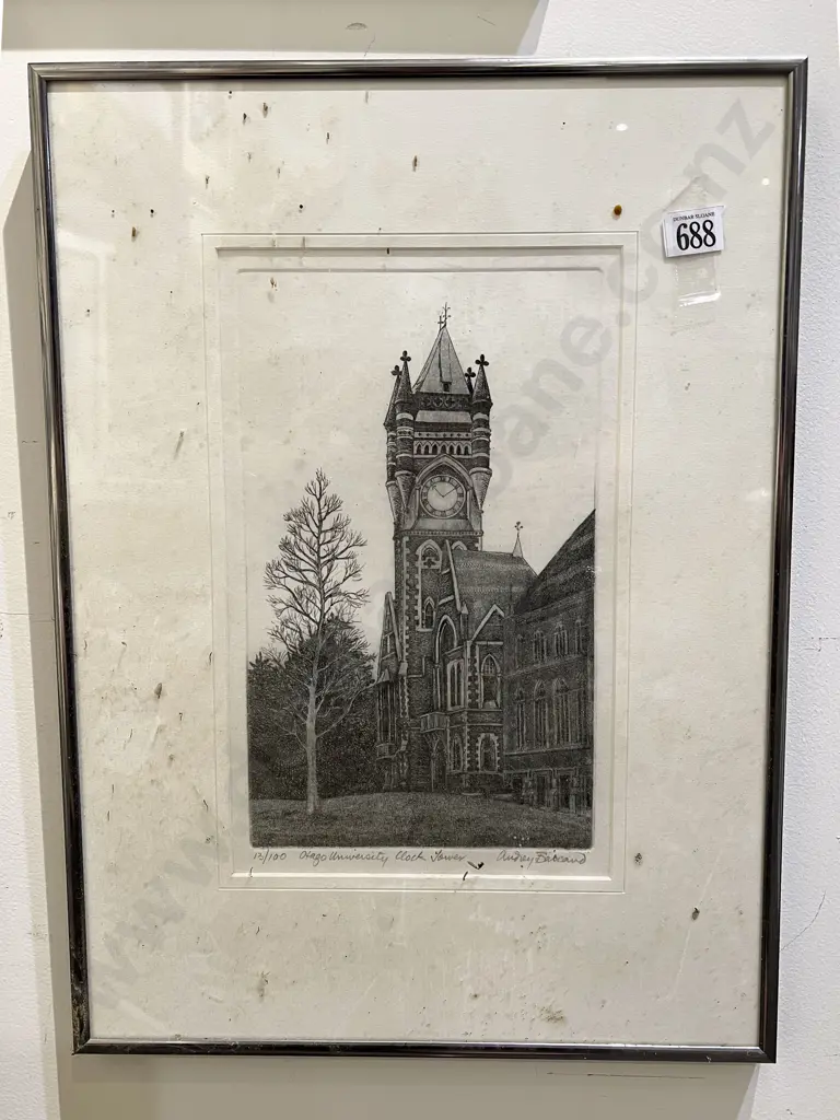 Audrey Bascand - "Otago University Clock Tower" - Drypoint Etching Image 1++