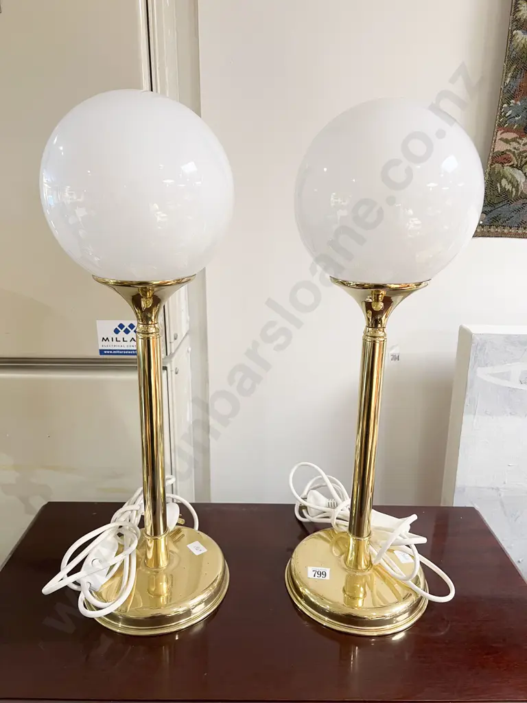 Pair of Brass Table Lamps with Frosted Glass Globe Shades Image 1++