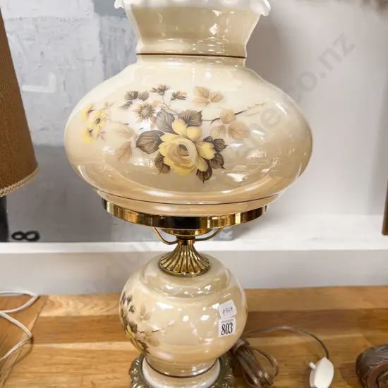 Electrified Kerosene Lamp with Floral Lustre Glass Shade