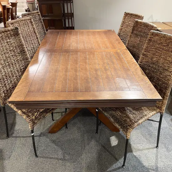 Modern Dining Table with Six Rush Seated Slash Backed Chairs