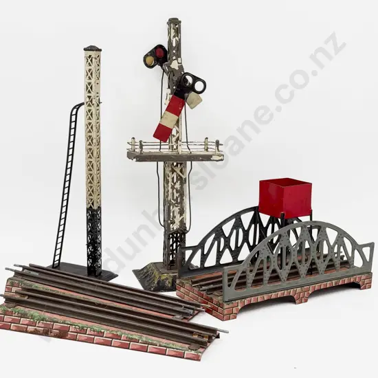 Unmarked (German) Pre-War Double Arm Signal with Bing Signal Stand and 3pce Viaduct