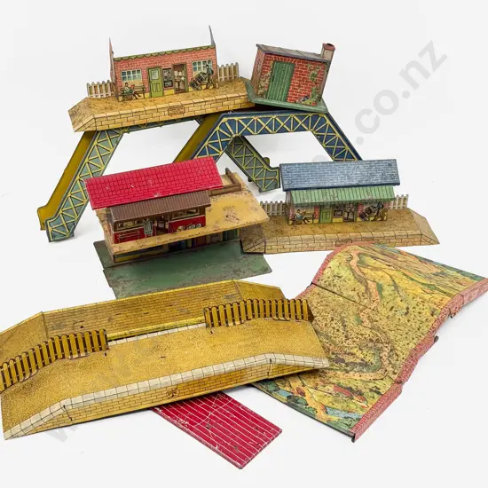 Meccano No48 Petrol Station with Hornby M Series Two Footbridges Three Stations and Hut