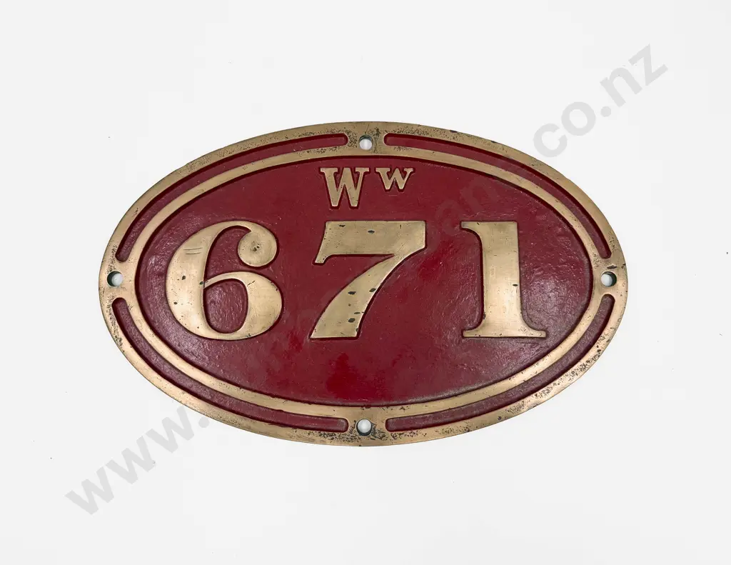 NZ Locomotive/Carriage Brass Red Lacquered Plate Number WW 671 42cm L Image 1++