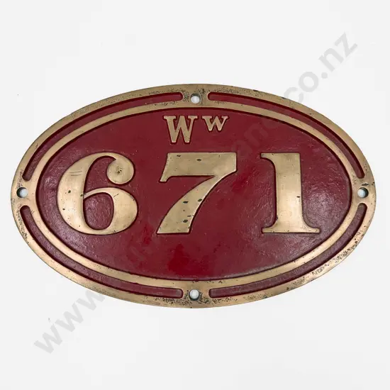 NZ Locomotive/Carriage Brass Red Lacquered Plate Number WW 671 42cm L