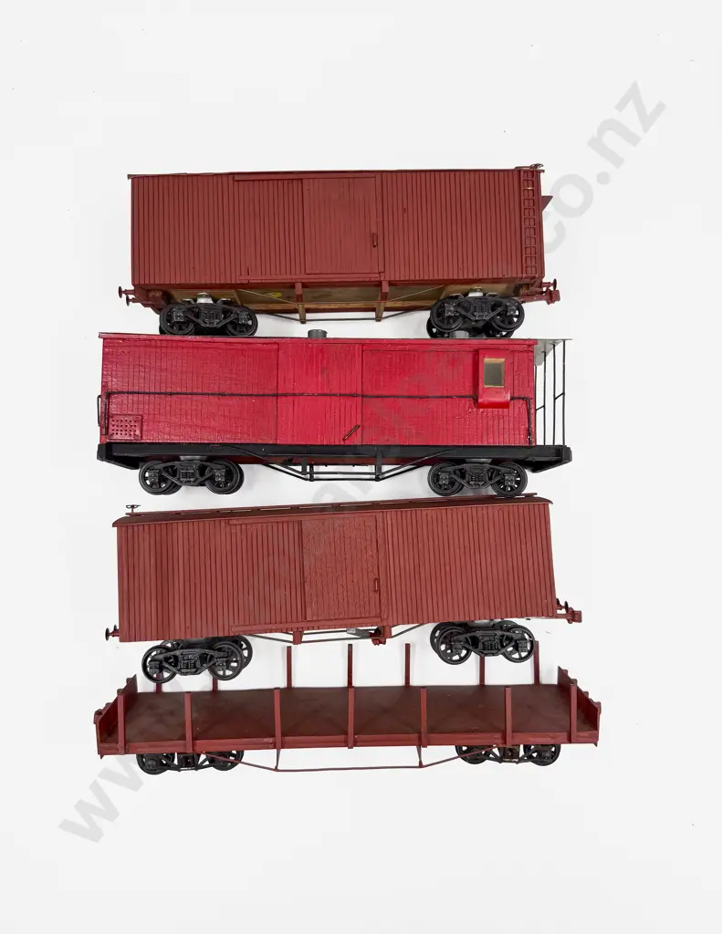 Ken Cassells Scratch Built O Gauge Vintage NZ Railway Two Box Cars Flat Car with Side Stakes and Guards Van Image 1++