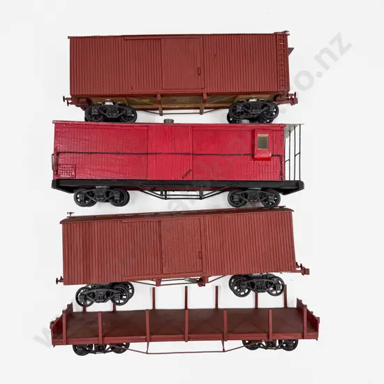 Ken Cassells Scratch Built O Gauge Vintage NZ Railway Two Box Cars Flat Car with Side Stakes and Guards Van