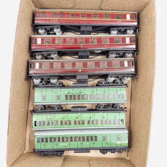 Hornby Dublo Three LMS Corridor Coaches and Three Southern Coaches