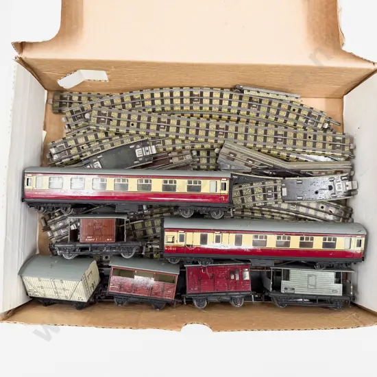 Hornby Dublo Two Passenger Coaches with Five Rolling Stock Wagons and Qty 3-rail Track