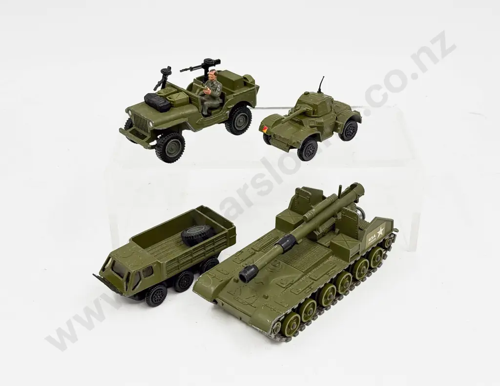 Dinky Unboxed 654 155MM Mobile Gun - 682 Stalwart - 676 Daimler Armoured Car & 612 US Jeep Image 1++