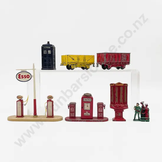 Dinky Two Train Open Goods Wagons with Police Box Ticketing Stand and Two Petrol Stands