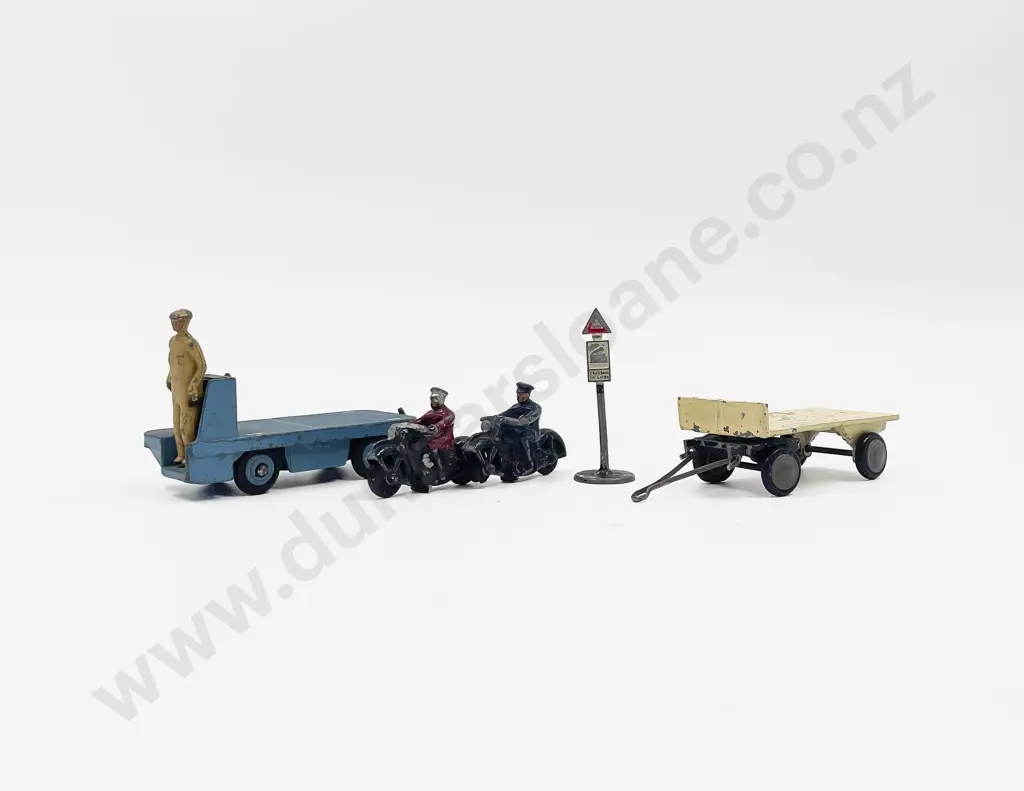 Dinky BEV Truck (37B) Police Motorbike x2 with Road Sign and Micro Models Trailer playworn Image 1++