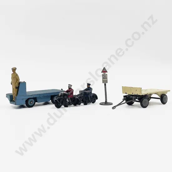 Dinky BEV Truck (37B) Police Motorbike x2 with Road Sign and Micro Models Trailer playworn
