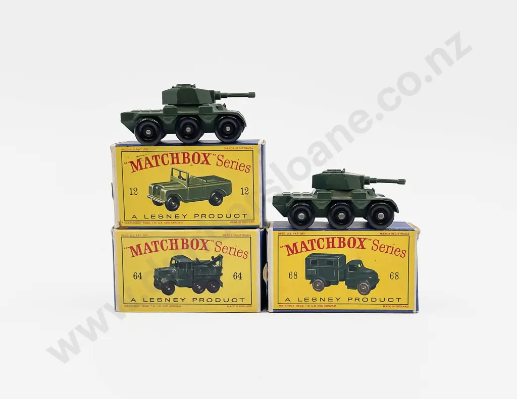 Matchbox Early Boxed Military Models 64 - 68 - 12 empty box and unboxed 67 Saladin x2 Image 1++