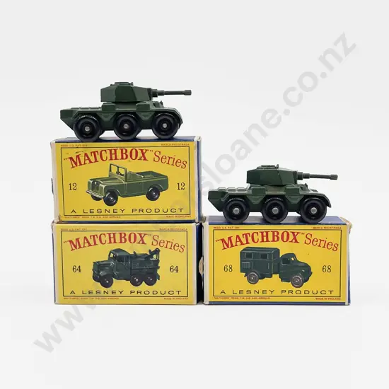 Matchbox Early Boxed Military Models 64 - 68 - 12 empty box and unboxed 67 Saladin x2