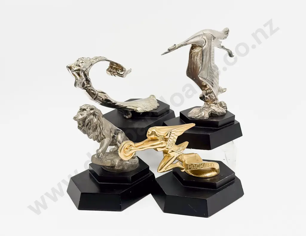Four Franklin Mint Car Mascot Hood Ornaments - Hispano Suiza Cadillac Packard & Peugeot Image 1++