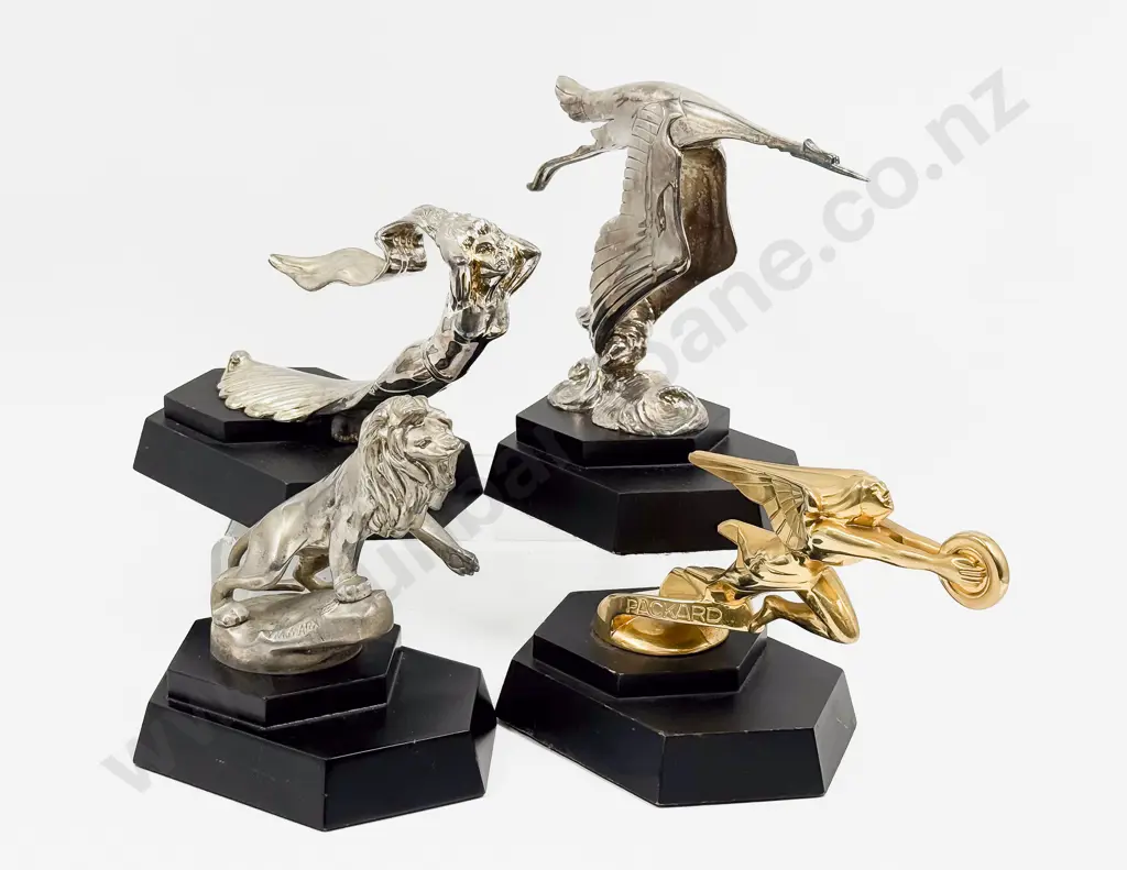 Four Franklin Mint Car Mascot Hood Ornaments - Hispano Suiza Cadillac Packard & Peugeot Image 1++