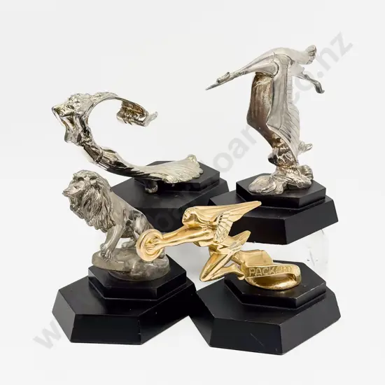 Four Franklin Mint Car Mascot Hood Ornaments - Hispano Suiza Cadillac Packard & Peugeot