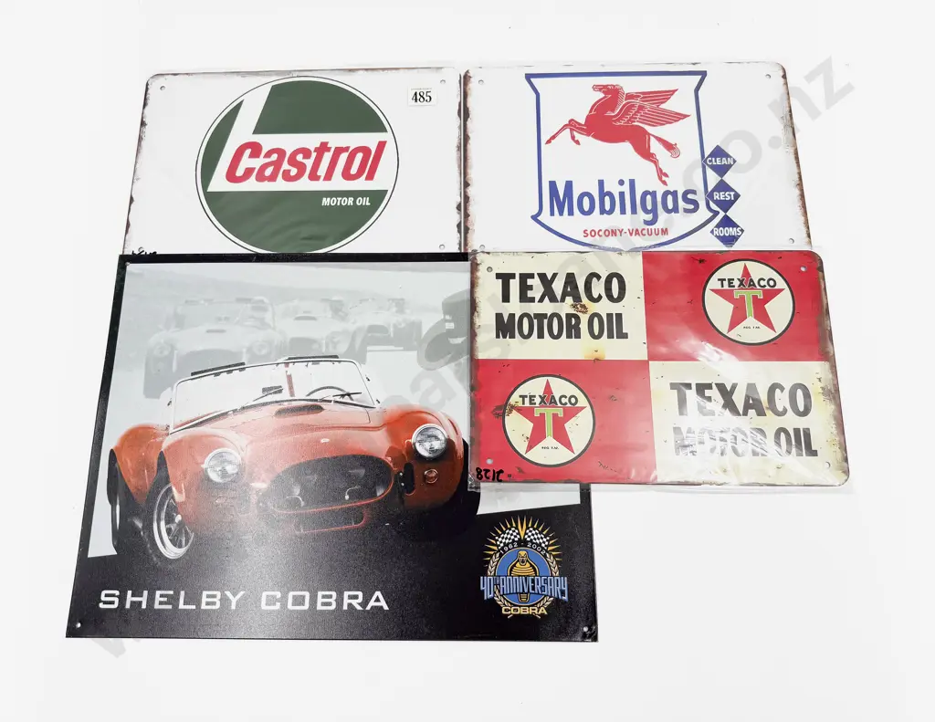 Four New Tin Advertising Signs Castrol Texaco Mobilgas and Shelby Cobra Image 1++