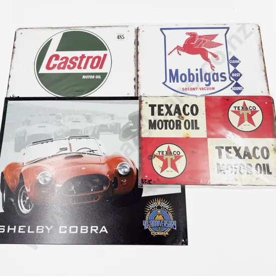 Four New Tin Advertising Signs Castrol Texaco Mobilgas and Shelby Cobra