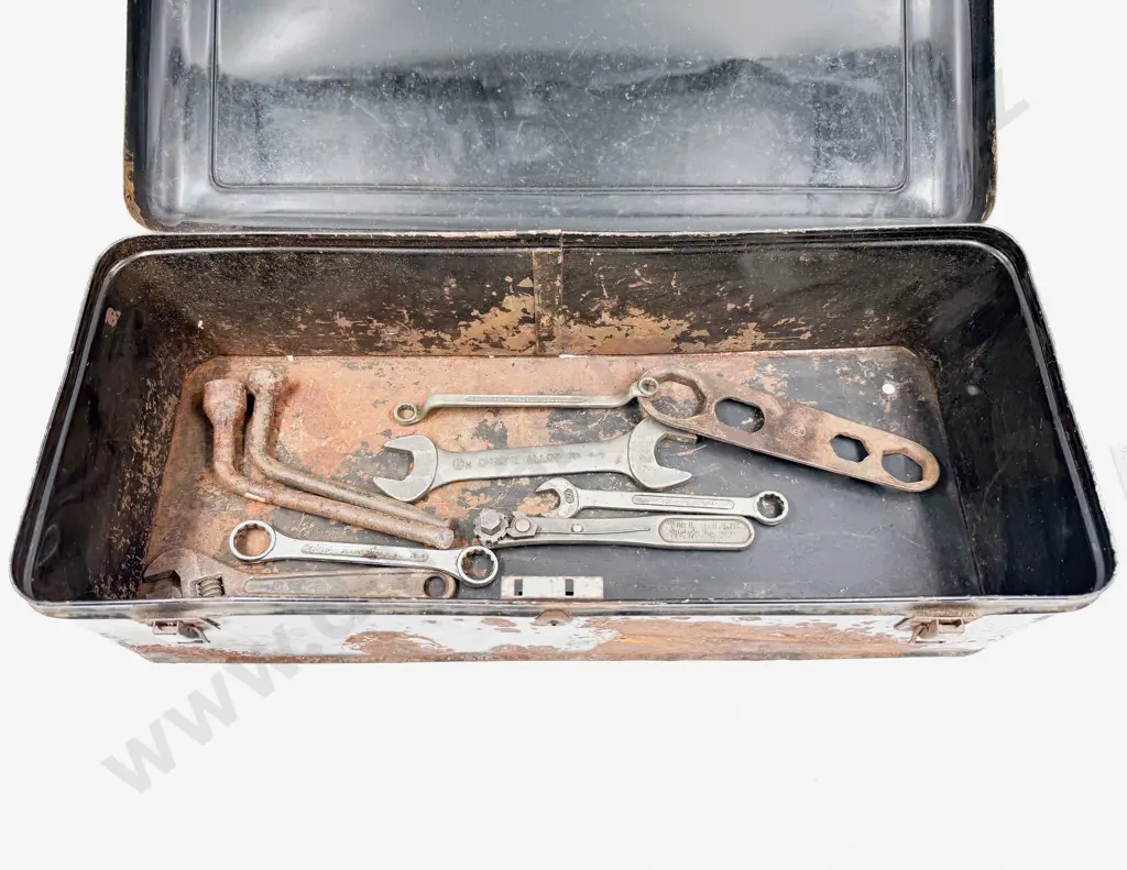 Vintage Japanned Tin Running Board Tool Box and Various Tools Image 1++